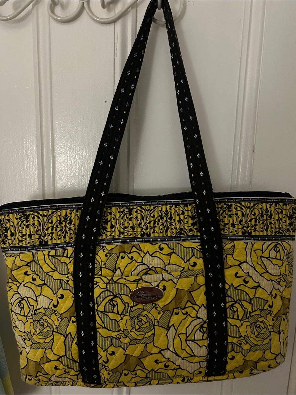Yellow Floral Quilted Tote with Black Strap Accents